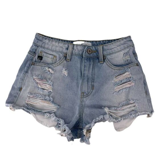Kancan Blue Jean Shorts Distressed Rainbow Threading Size XS Light Wash Cut Offs - Picture 1 of 7